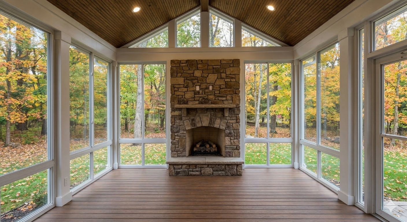 New 3 season room with a stone fireplace in Syracuse