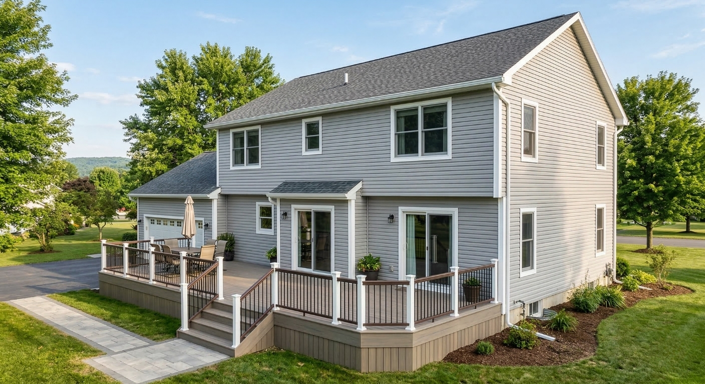 Exterior home renovation featuring a new deck and vinyl siding in Camillus, NY