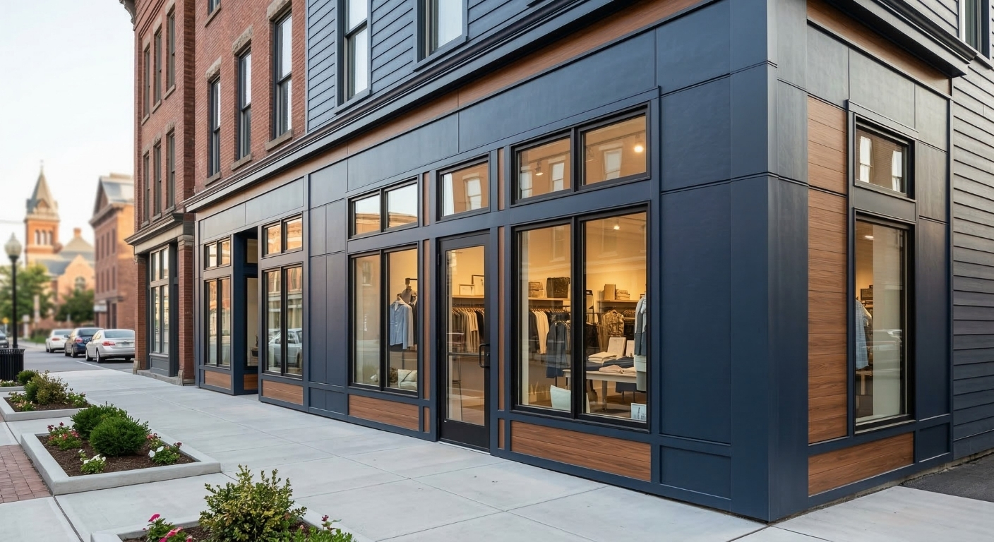 Professional commercial siding installation on a retail storefront in Auburn NY