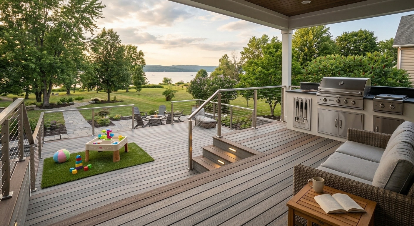 A newly built composite deck installation completed by WeBuild CNY in Auburn NY