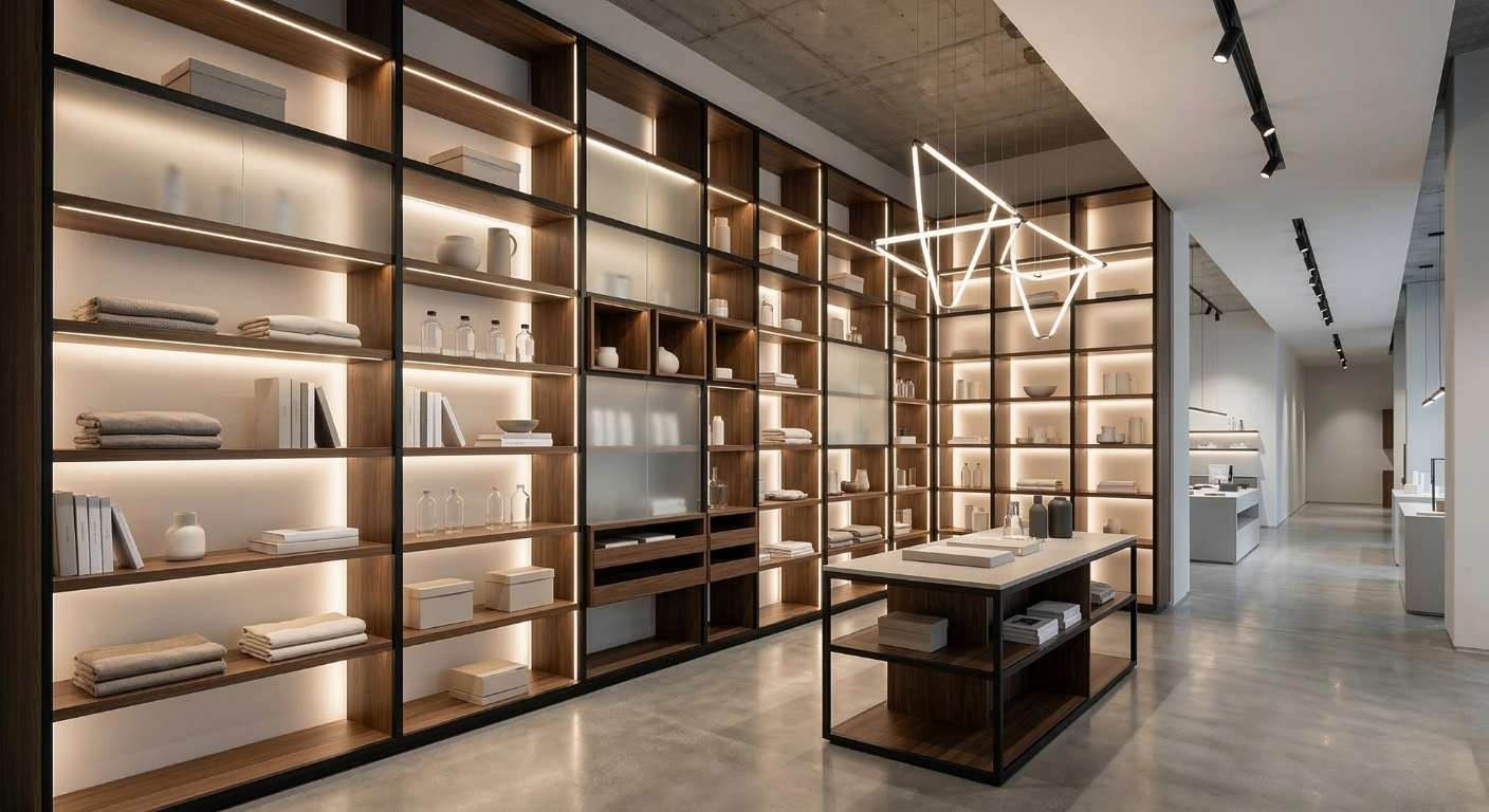 Custom commercial retail display shelving and modern lighting installation