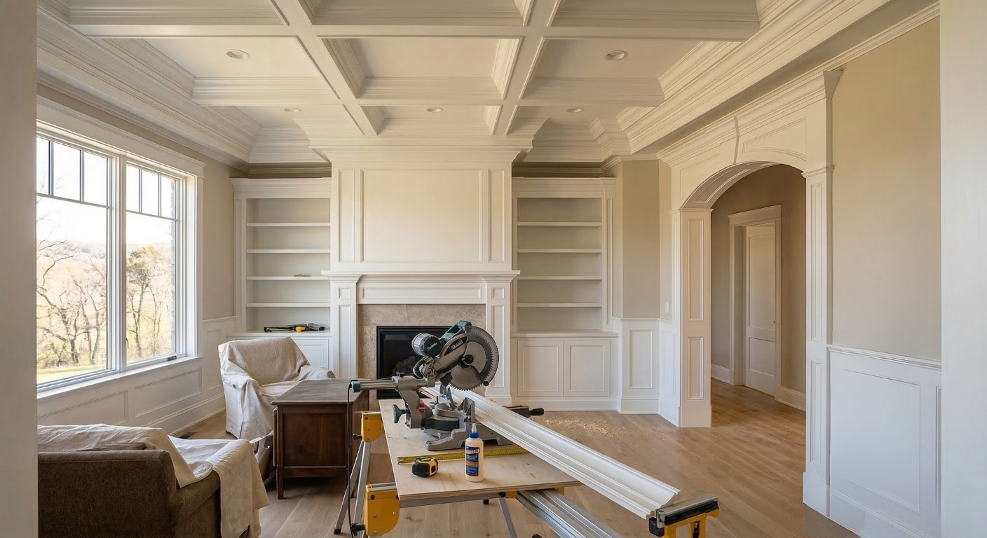 Custom crown molding and wainscoting installation by finish carpenters