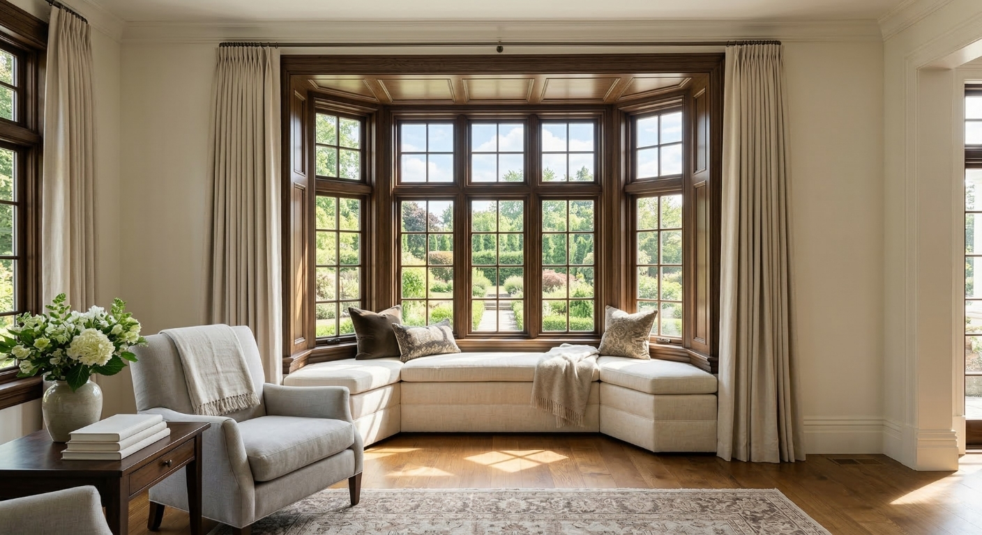 Elegant custom bay windows flooding a home with natural light