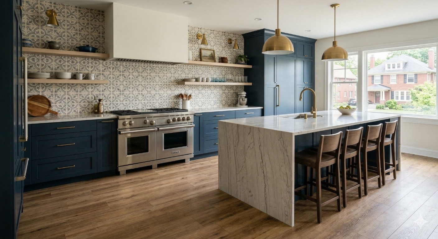 Custom tile backsplash and luxury vinyl plank kitchen flooring