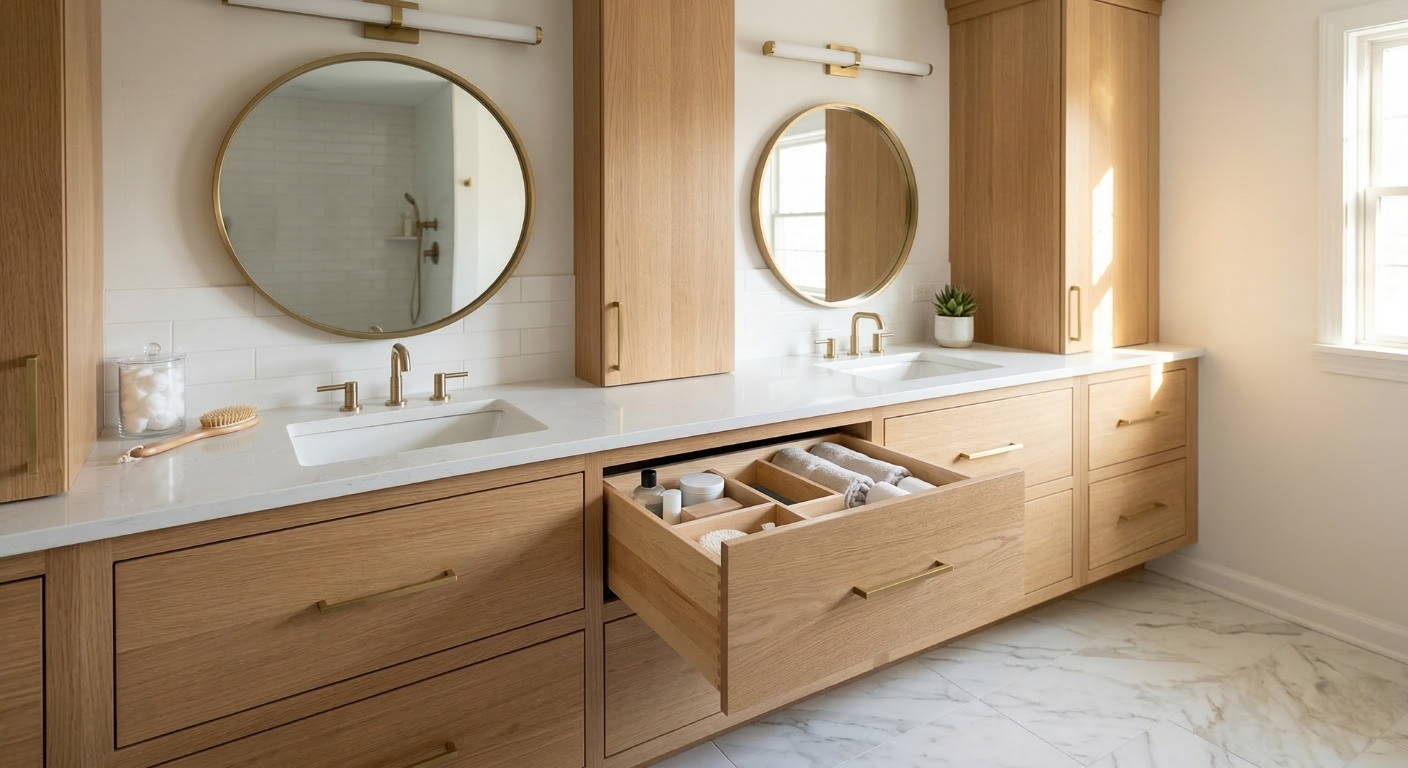 Custom double vanity with deep storage drawers for a bathroom remodel