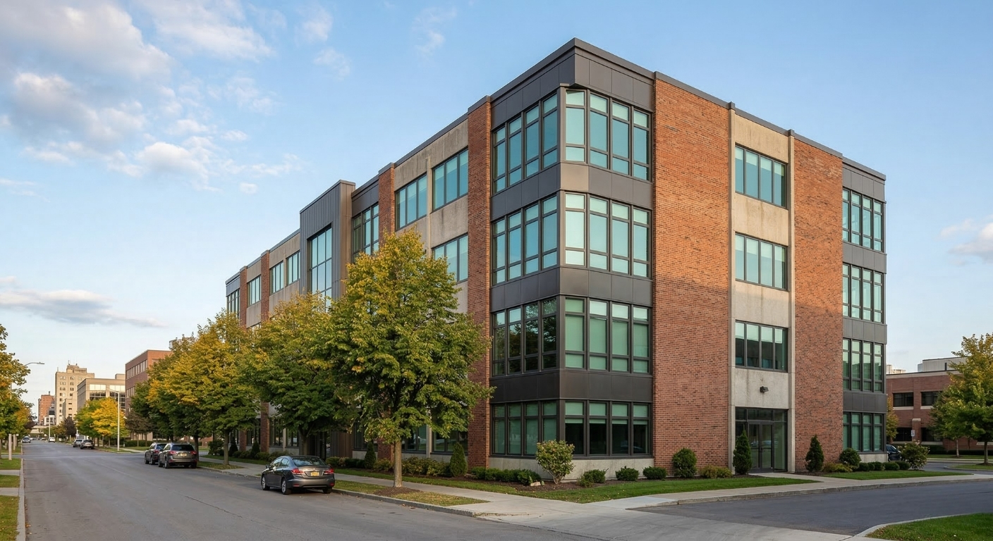 Energy-efficient commercial replacement windows installed in a Syracuse office building