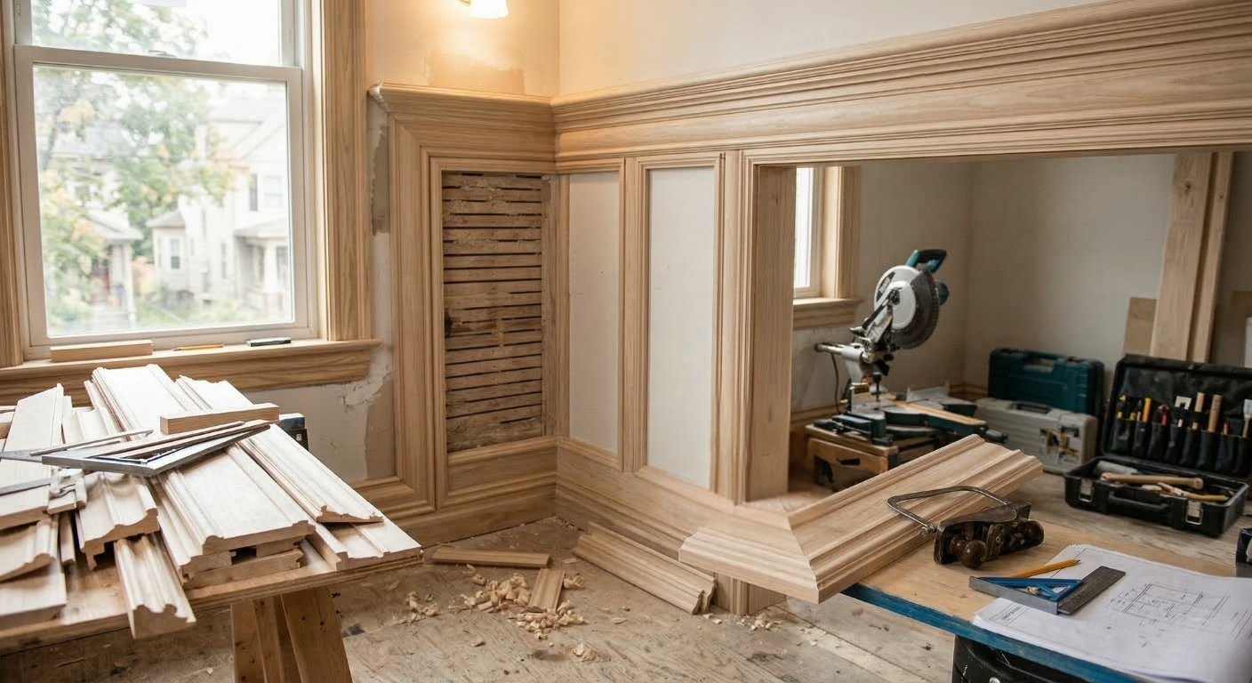 Expert finish carpenter working on custom trim installation in Auburn NY