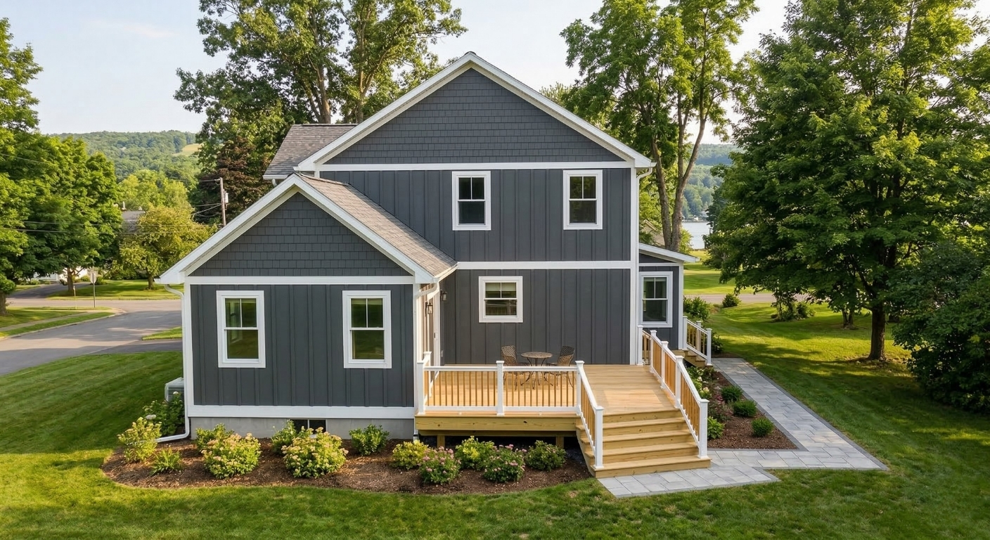 Exterior home renovation with new deck, siding, and windows in Union Springs, NY