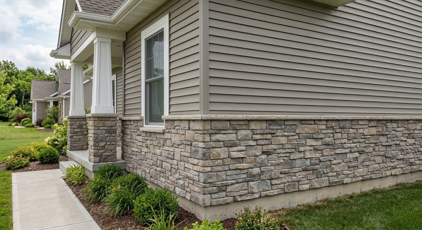 Exterior stone veneer masonry installation complementing vinyl siding