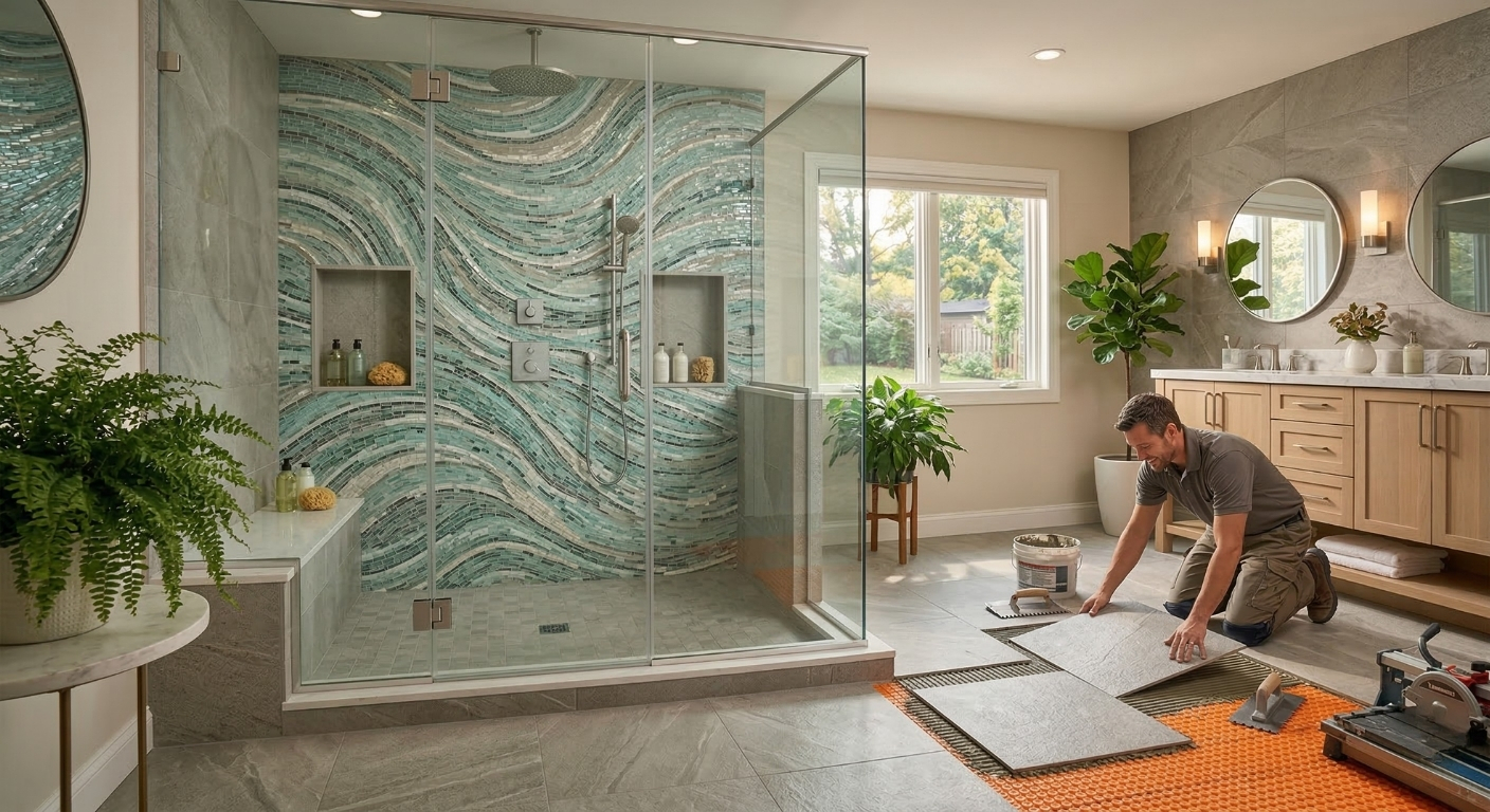 Intricate shower mosaic and heated tile flooring installation