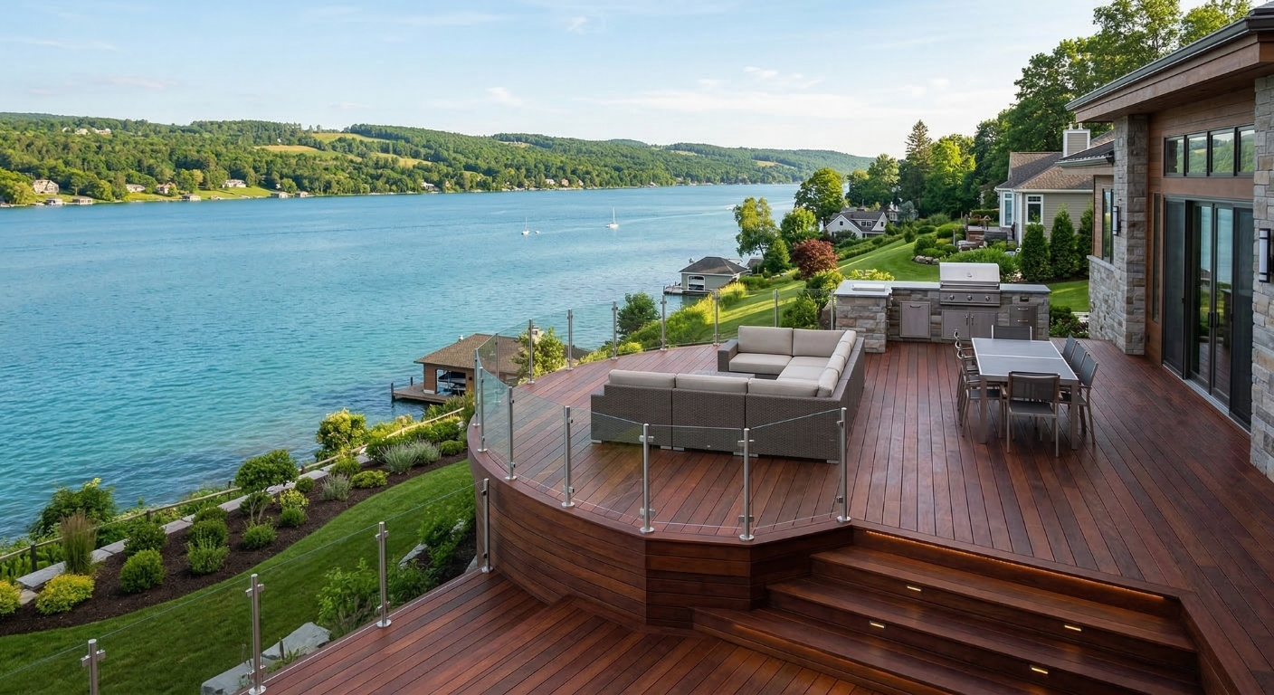Custom Ipe wood deck overlooking Skaneateles Lake