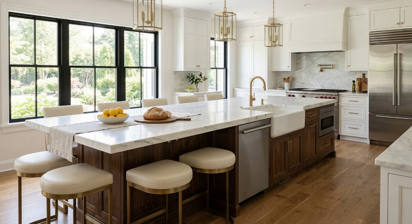 Expansive kitchen center island with built-in seating