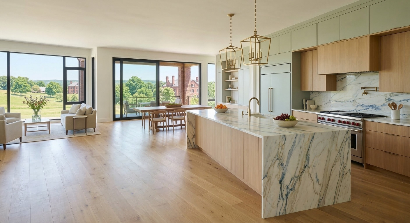 Luxury open concept kitchen remodel with stone countertops in Syracuse, NY