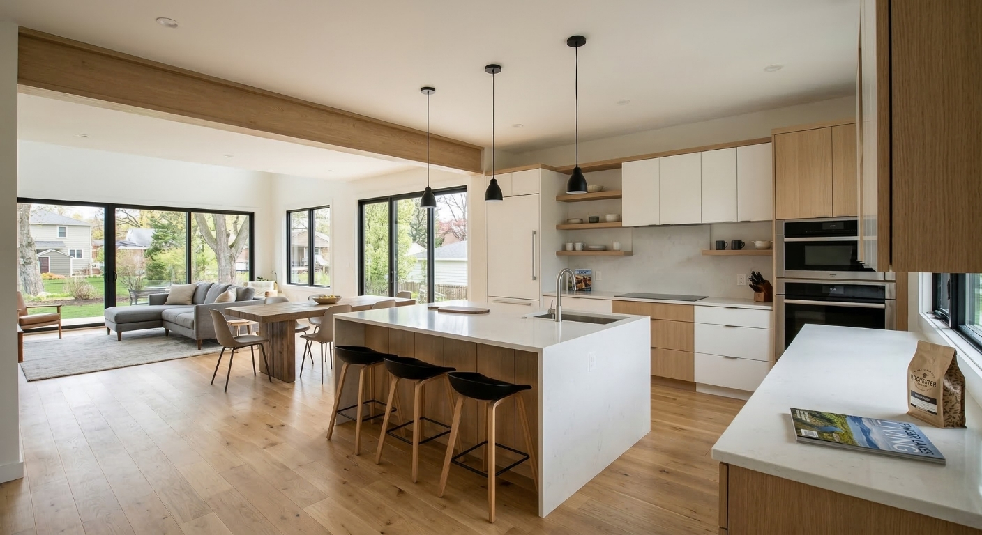 Open concept modern kitchen layout with wall removal
