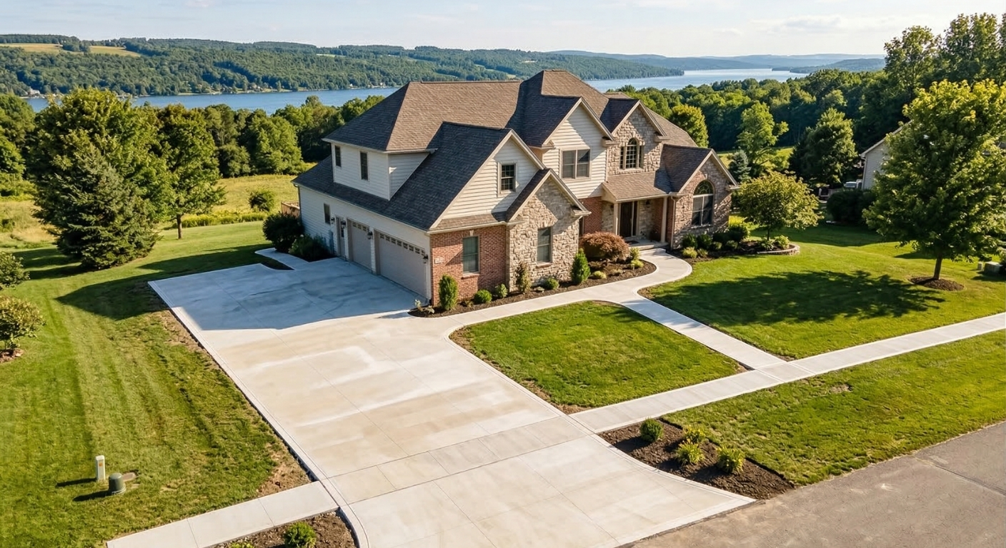 Newly poured residential concrete driveway and walkway in Cayuga County