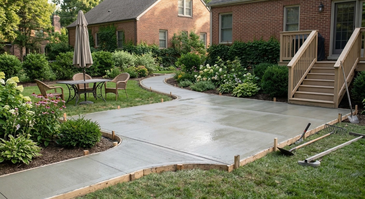 Smooth concrete patio and walkway pouring for an outdoor living space