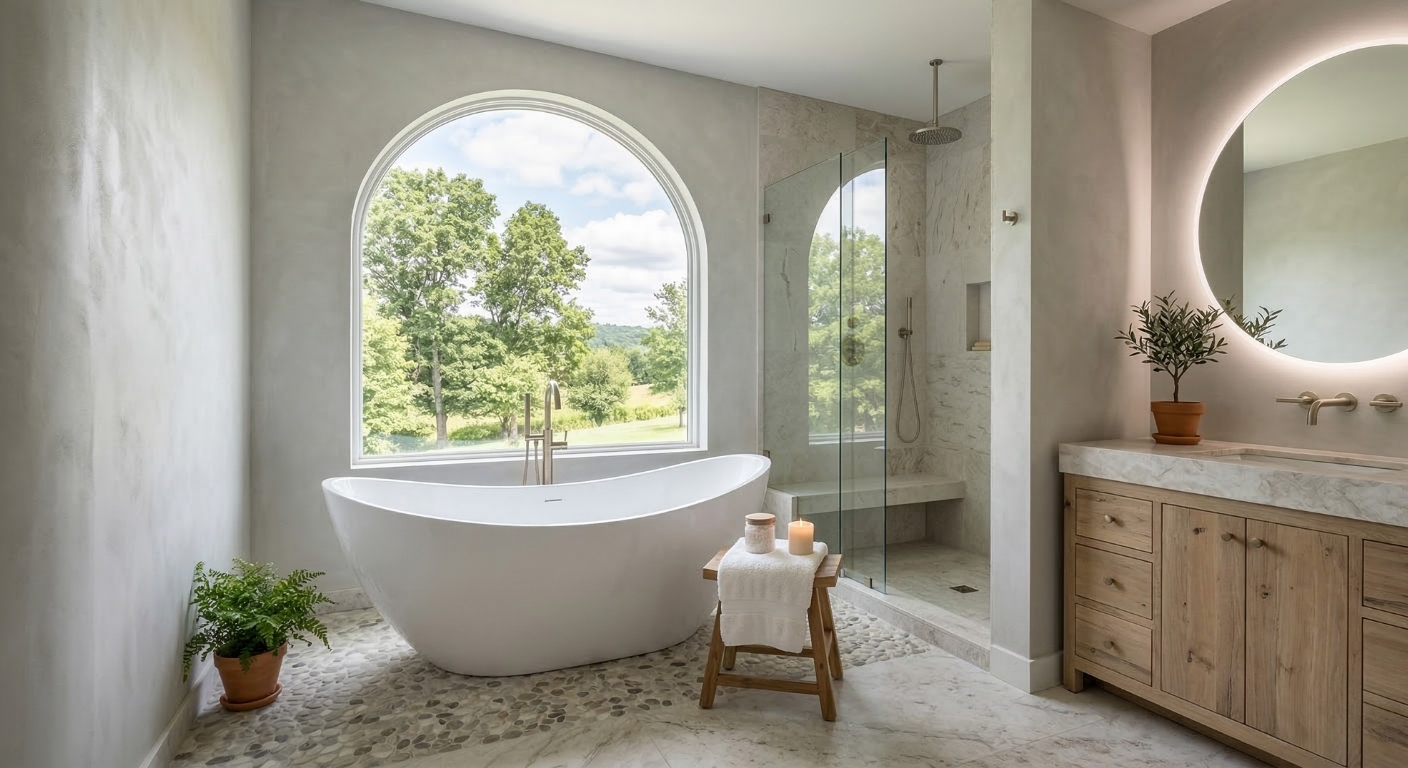 Spa-like master bathroom renovation featuring a freestanding soaking tub in Auburn, NY