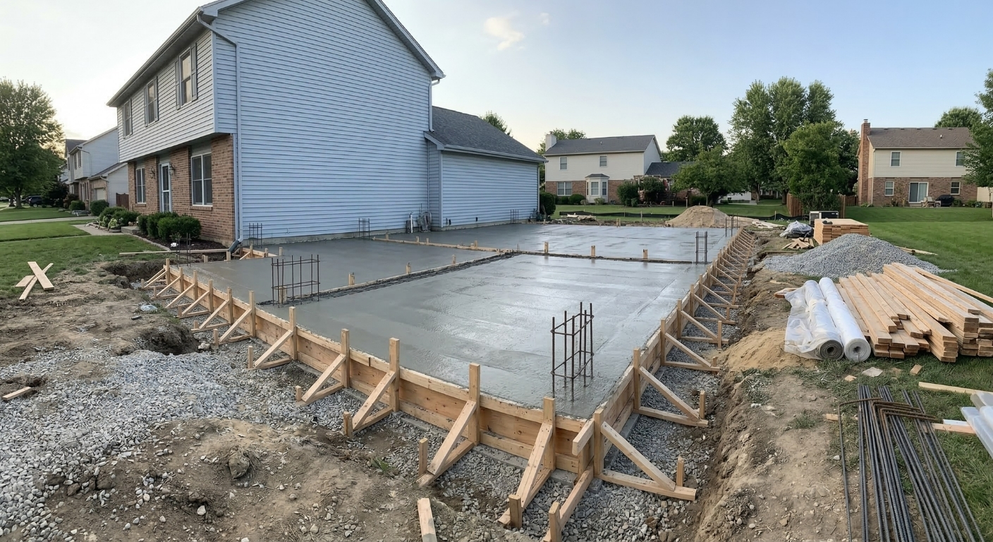 Structural concrete foundation poured for a new home addition