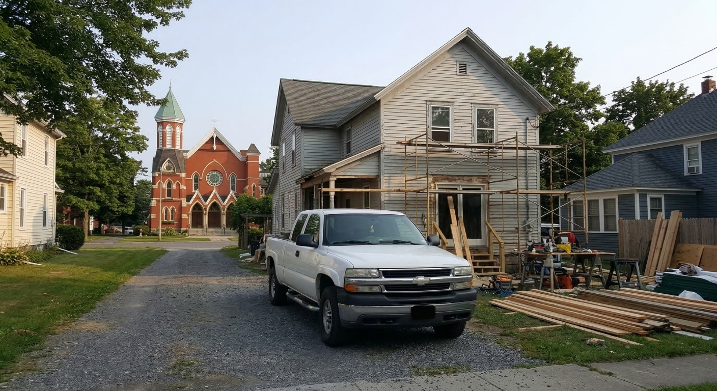 WeBuild CNY general contractor truck at a residential job site in Waterloo, NY
